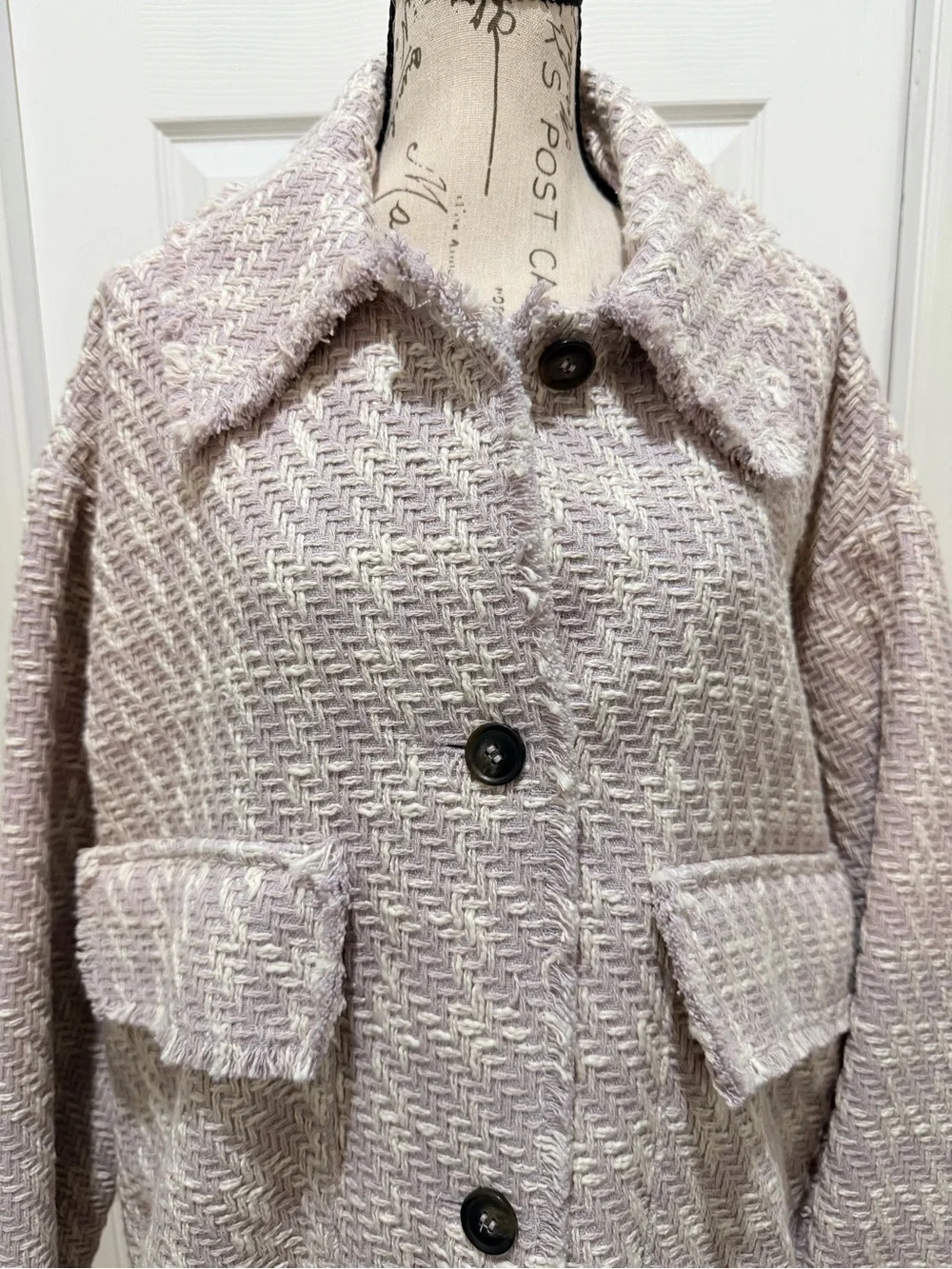 H&M Jacket Mauve Bouclé Fringe Button Front Collared Coatigan - Picture 4 of 14